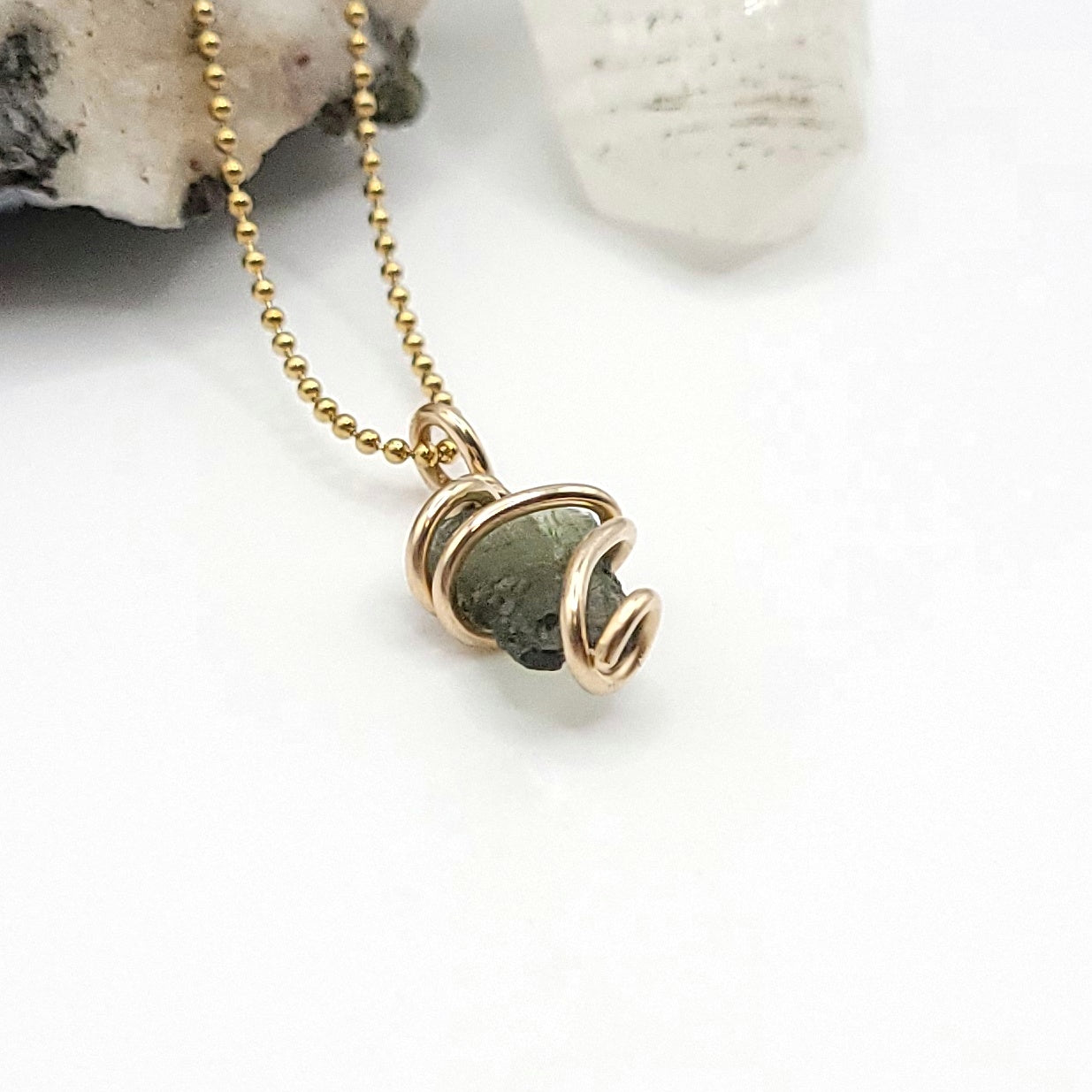 Raw Moldavite Crystal Necklace in gold side view