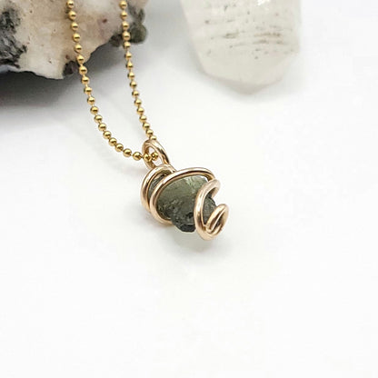 Raw Moldavite Crystal Necklace in gold side view