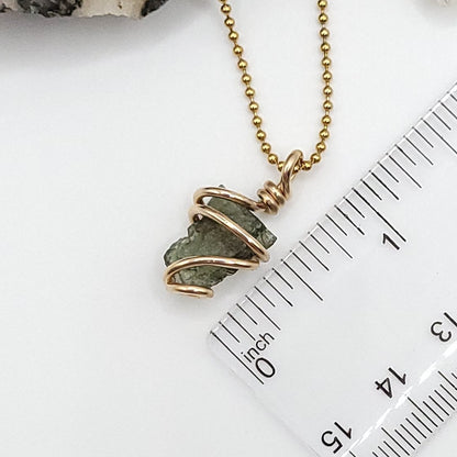 Raw Moldavite Crystal Necklace in gold measurement 1 inch