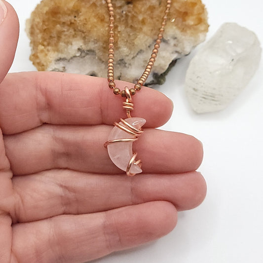 Rose quartz Crescent Moon crystal necklace in copper