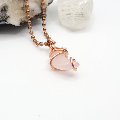 Rose quartz Crescent Moon crystal necklace in copper side view