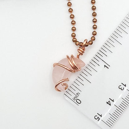 Rose quartz Crescent Moon crystal necklace in copper measurement