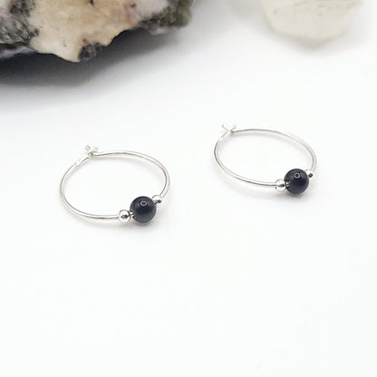 Obsidian Crystal Hoop Earrings in Sterling Silver Wire