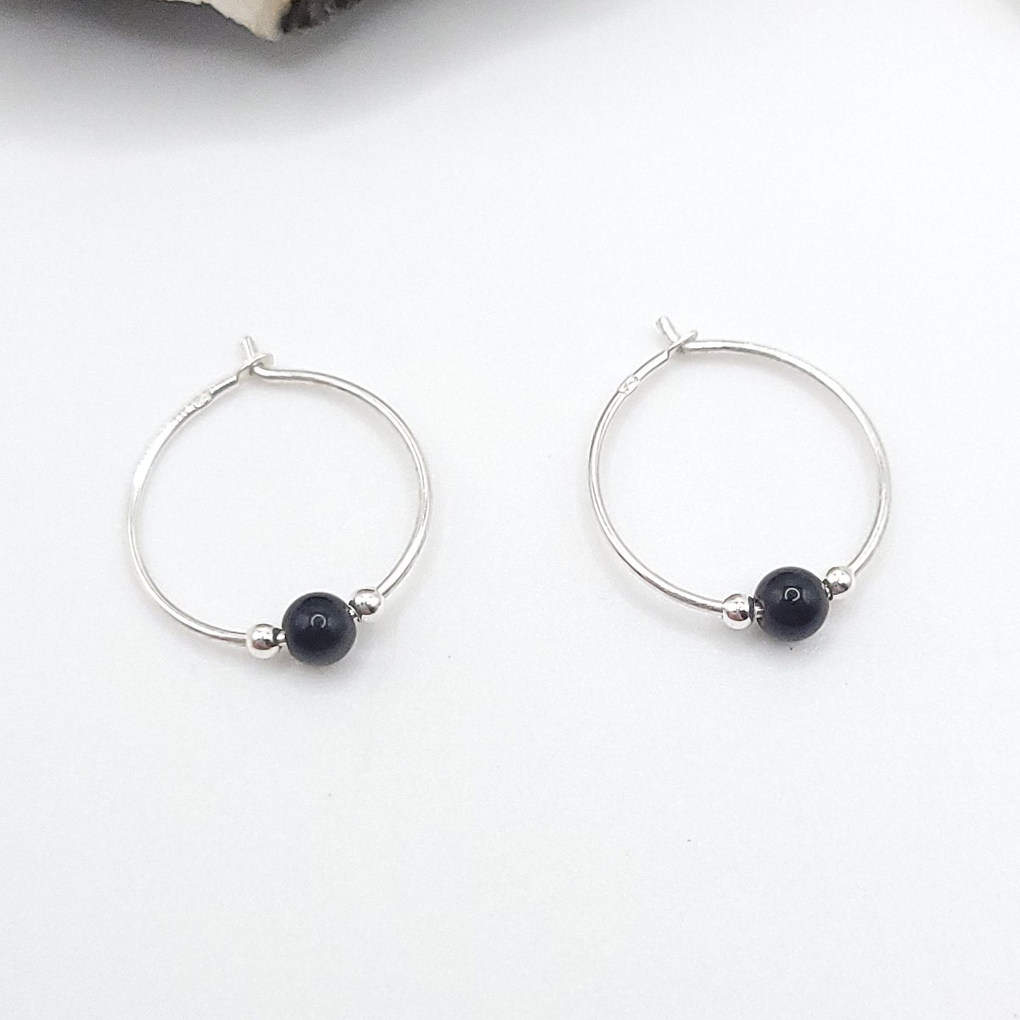 Obsidian Crystal Hoop Earrings in Sterling Silver Wire