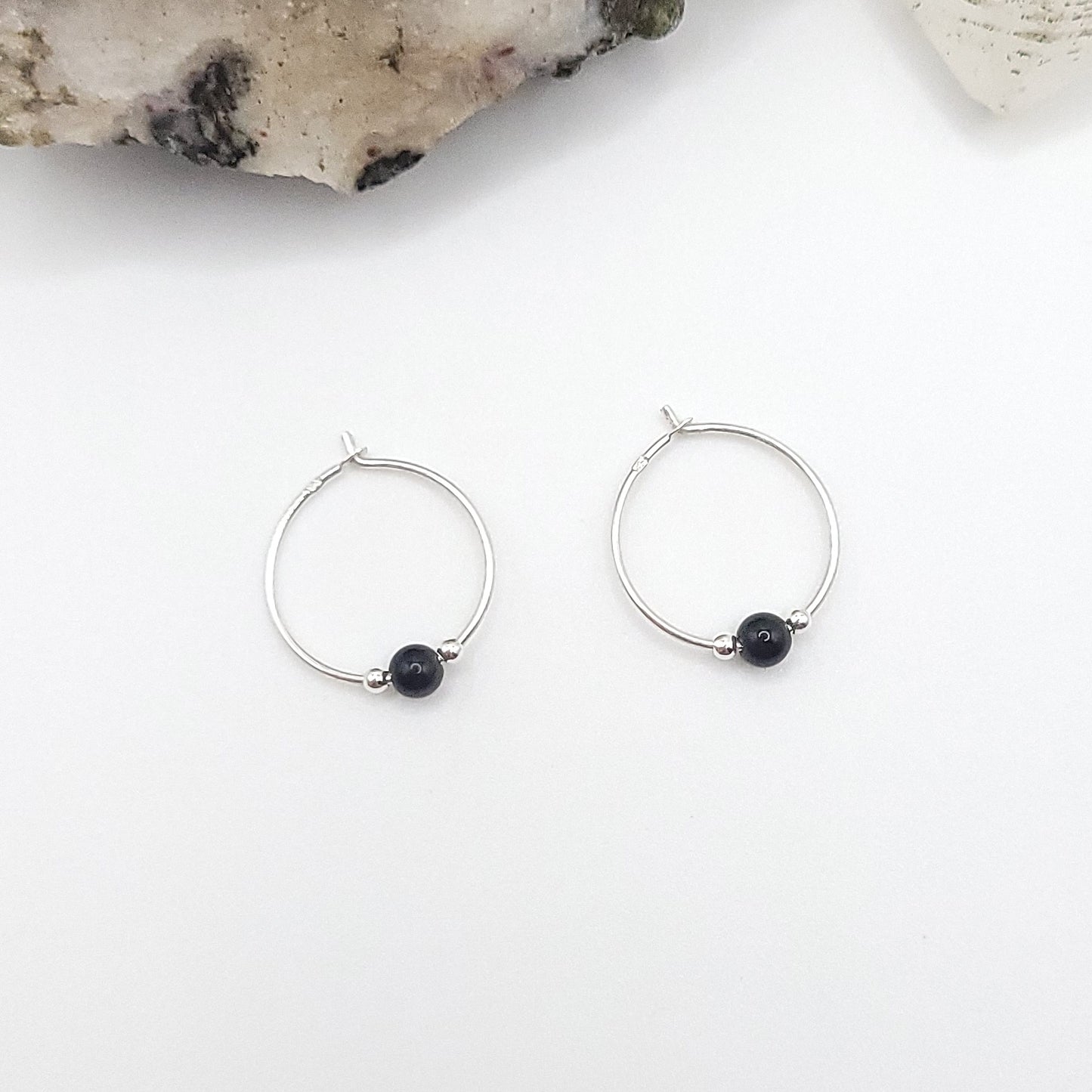 Obsidian Crystal Hoop Earrings in Sterling Silver Wire