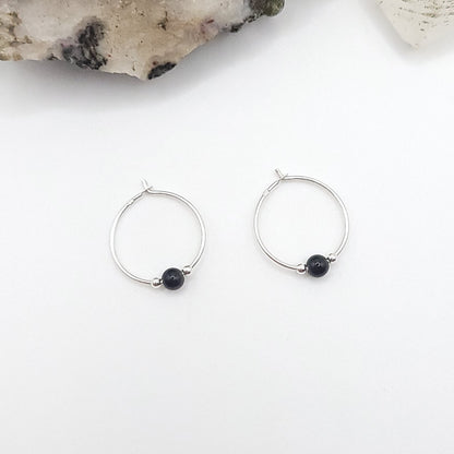 Obsidian Crystal Hoop Earrings in Sterling Silver Wire