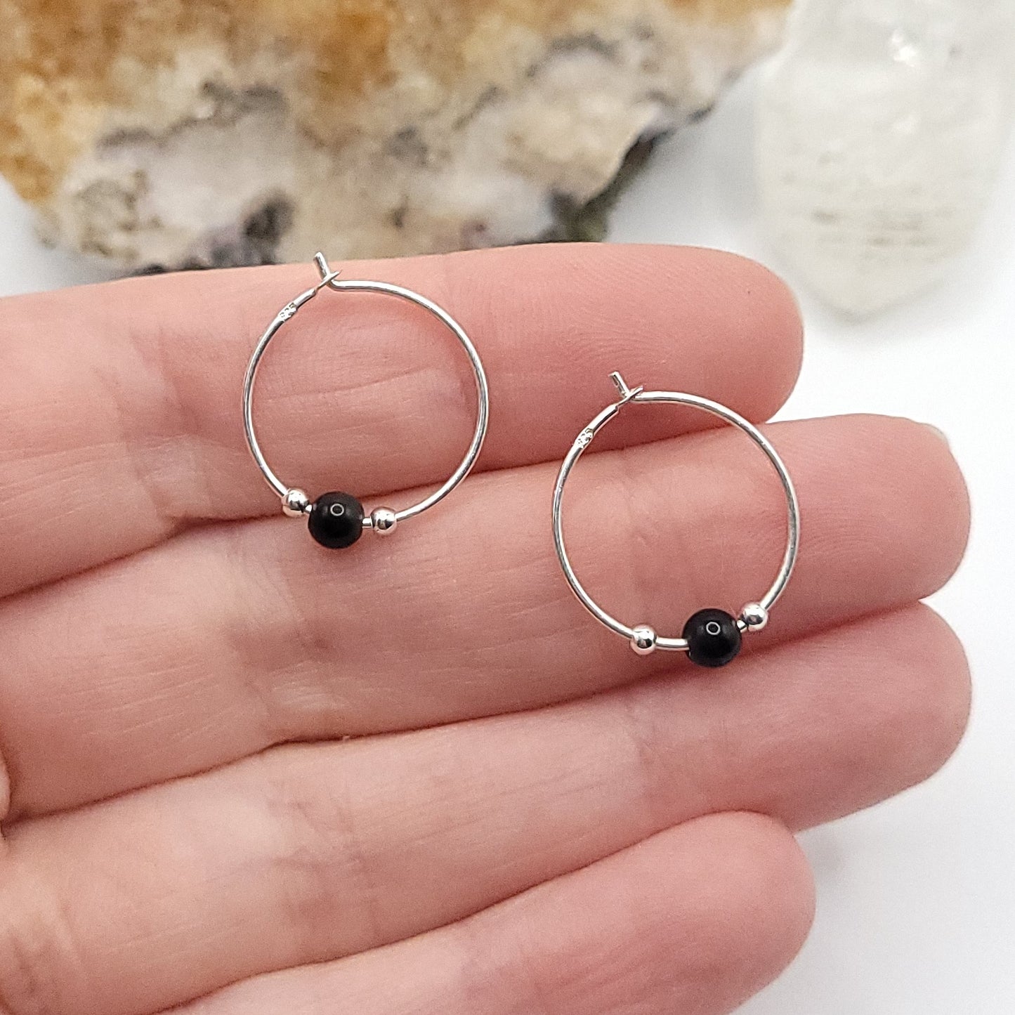 Obsidian Crystal Hoop Earrings in Sterling Silver Wire