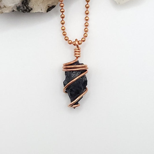 Raw Black Tourmaline Crystal Necklace in Copper