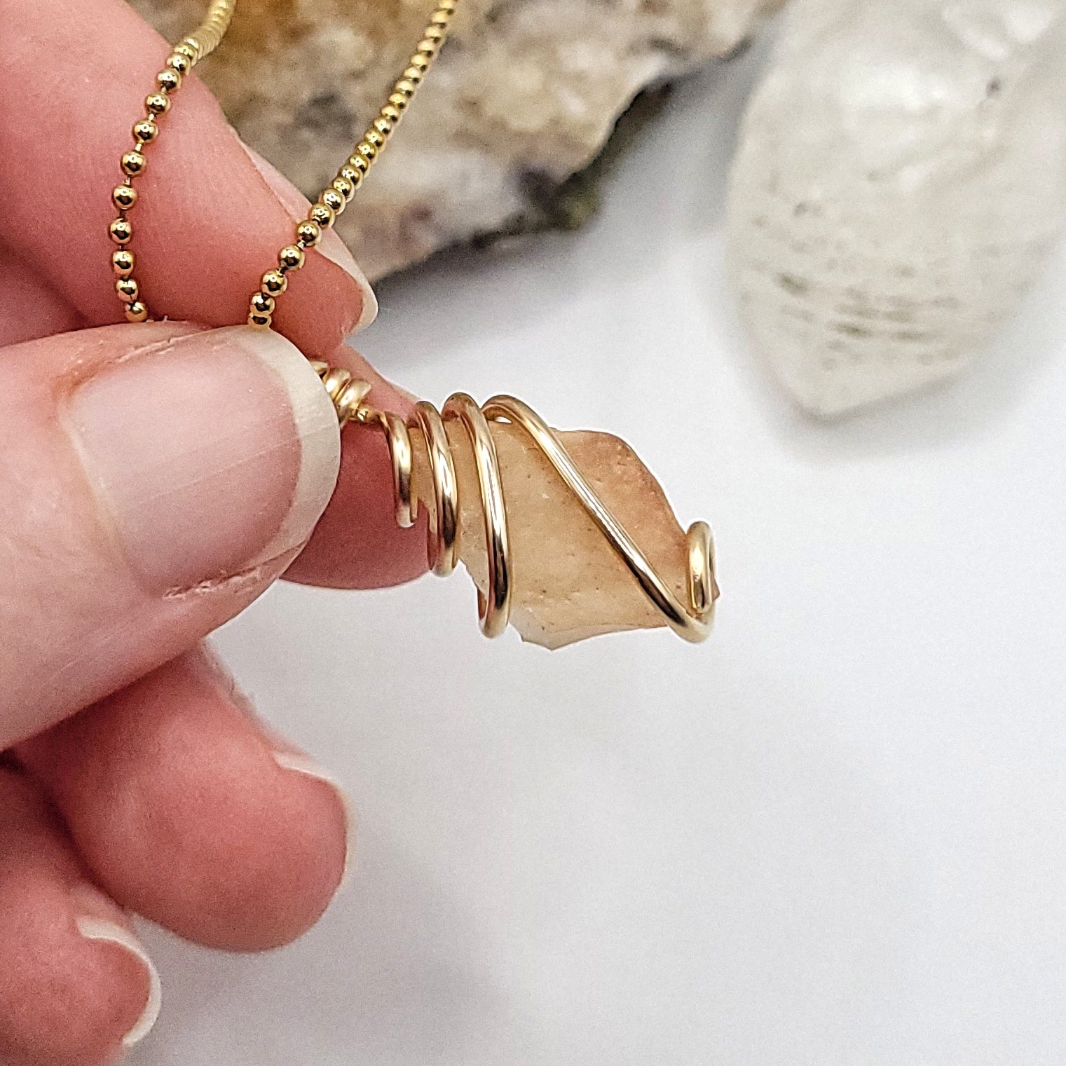 Raw Libyan Desert Glass Crystal Necklace in Gold up close
