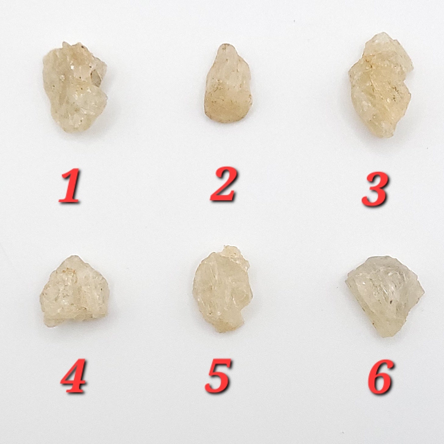 Six scapolite stone samples with numbers on a white background