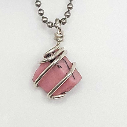 rhodonite necklace in silver close up
