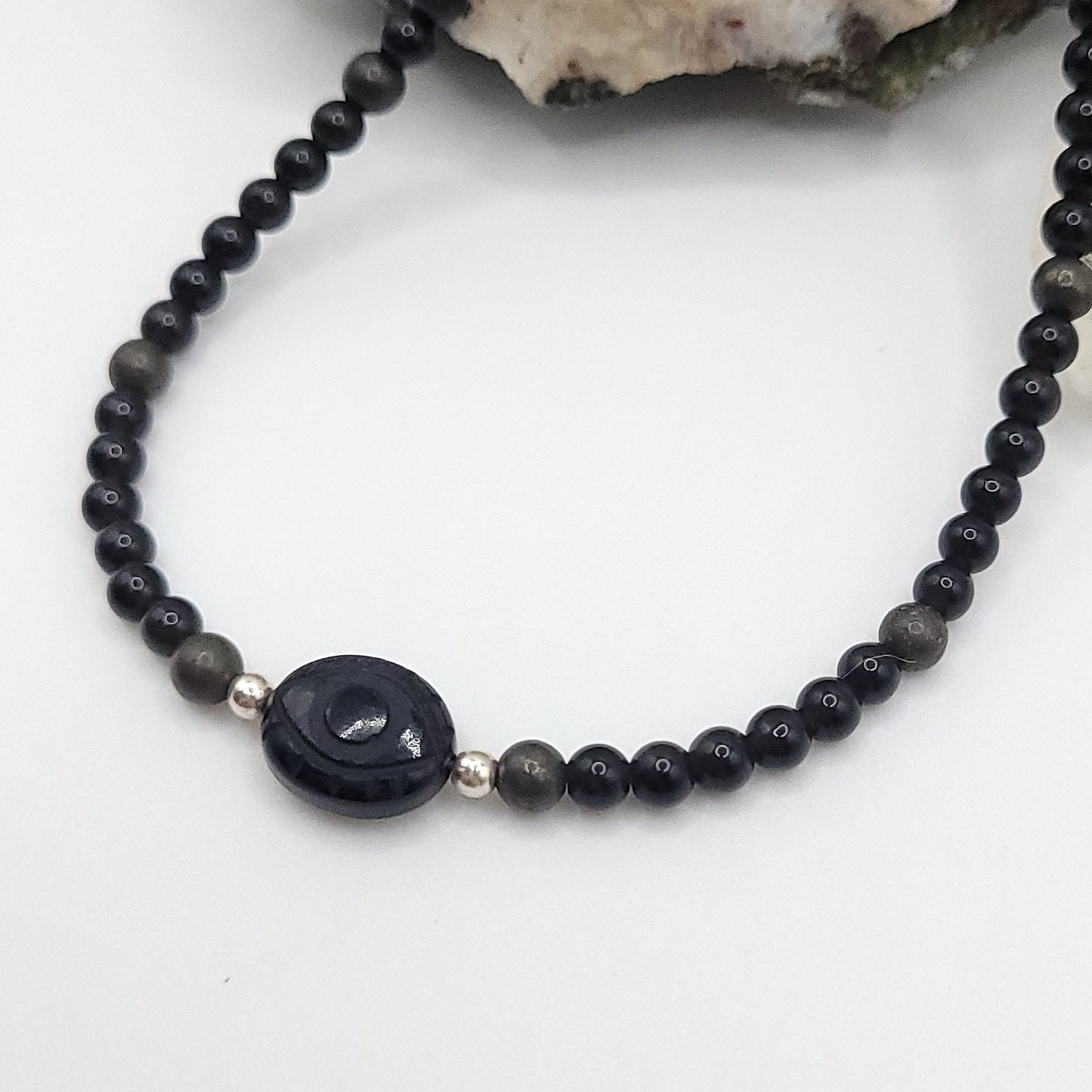 Onyx Evil Eye Necklace - Crystal for Grounded Protection with Obsidian and Pyrite beads.