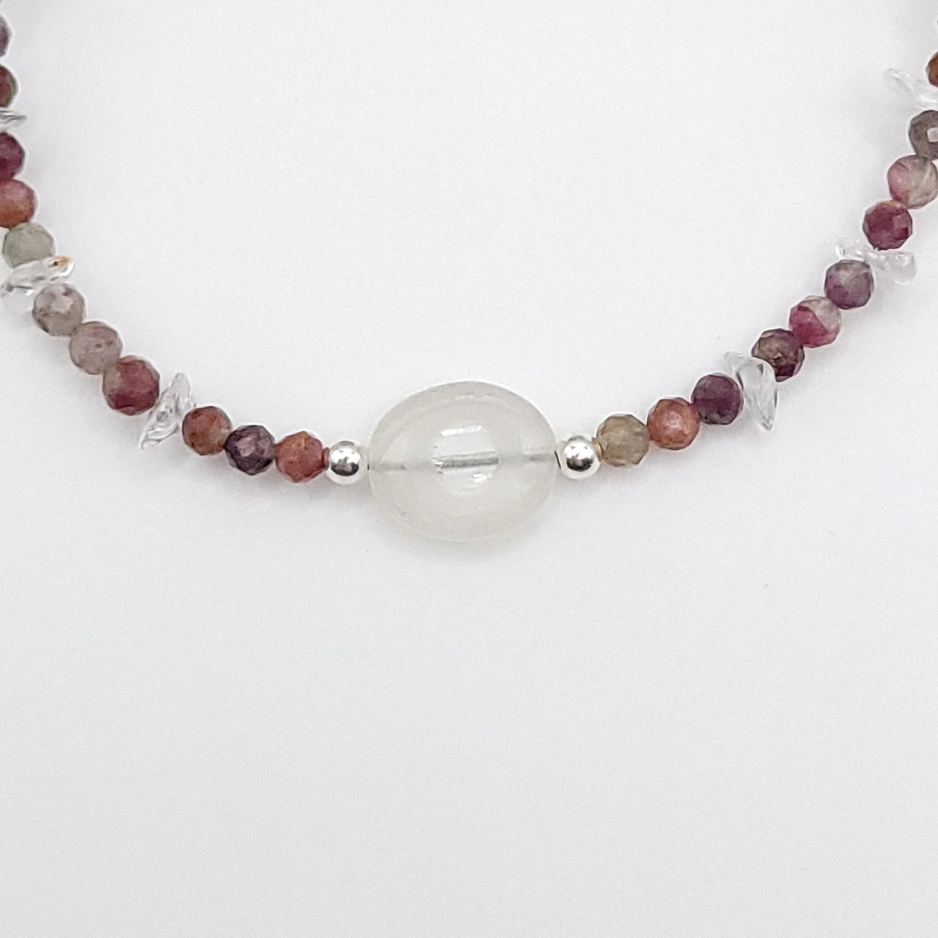 Close-up of a Clear Quartz Evil Eye Necklace featuring Multi-Color Tourmaline and sterling silver accents.