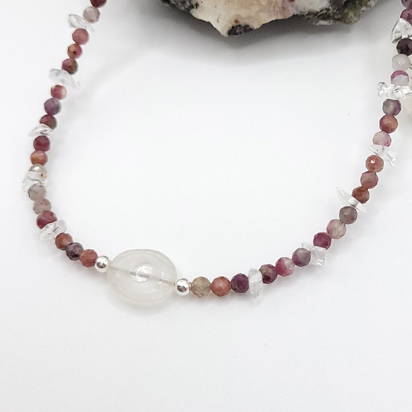 Clear Quartz Evil Eye necklace featuring Multi-Color Tourmaline and Clear Quartz chip beads for energy balance.