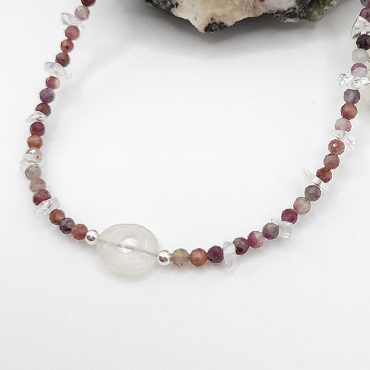 Clear Quartz Evil Eye necklace featuring Multi-Color Tourmaline and Clear Quartz chip beads for energy balance.