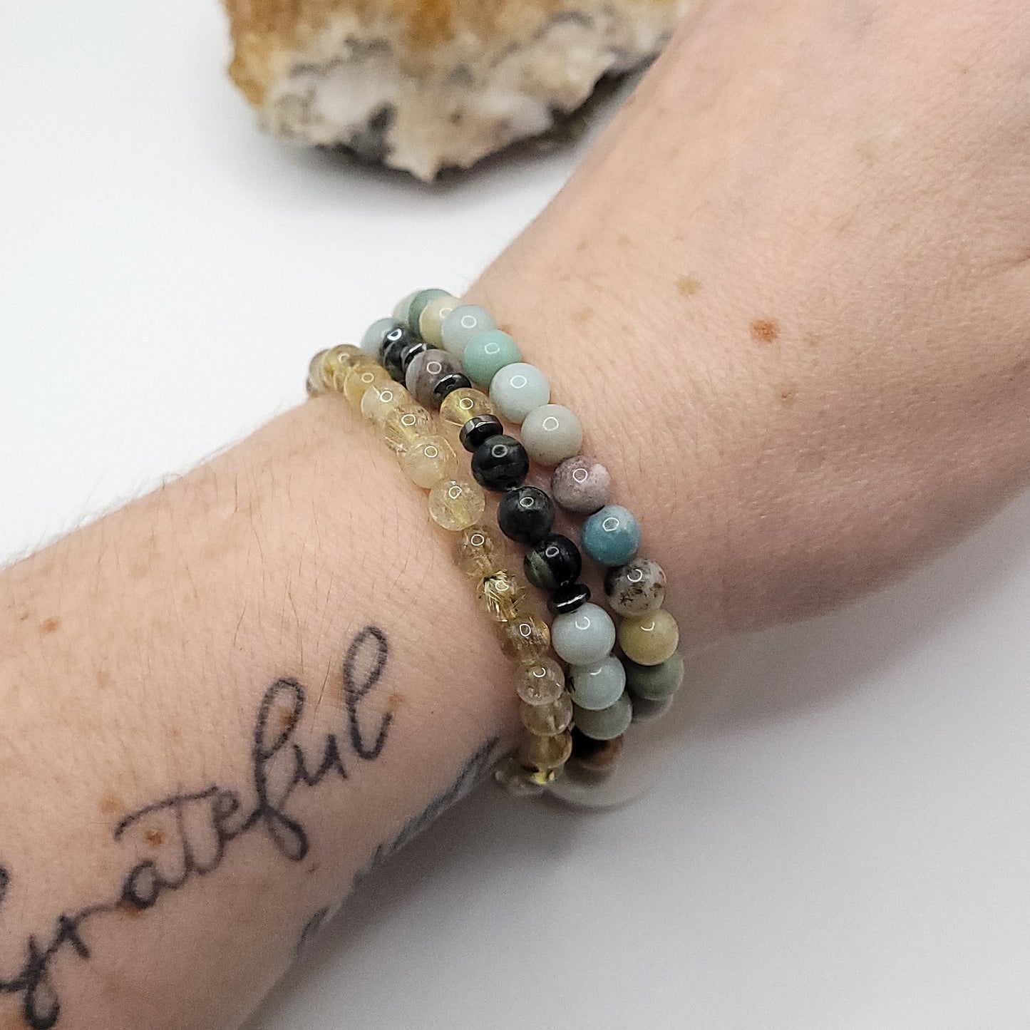 Bracelet Stack – Golden Healer, Amazonite & Kambaba Jasper , 3 bracelets on wrist