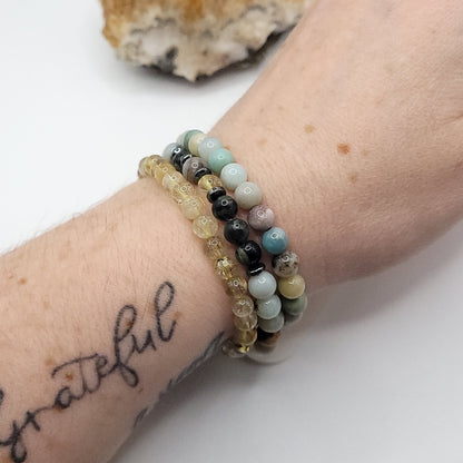 Bracelet Stack – Golden Healer, Amazonite & Kambaba Jasper , 3 bracelets on wrist
