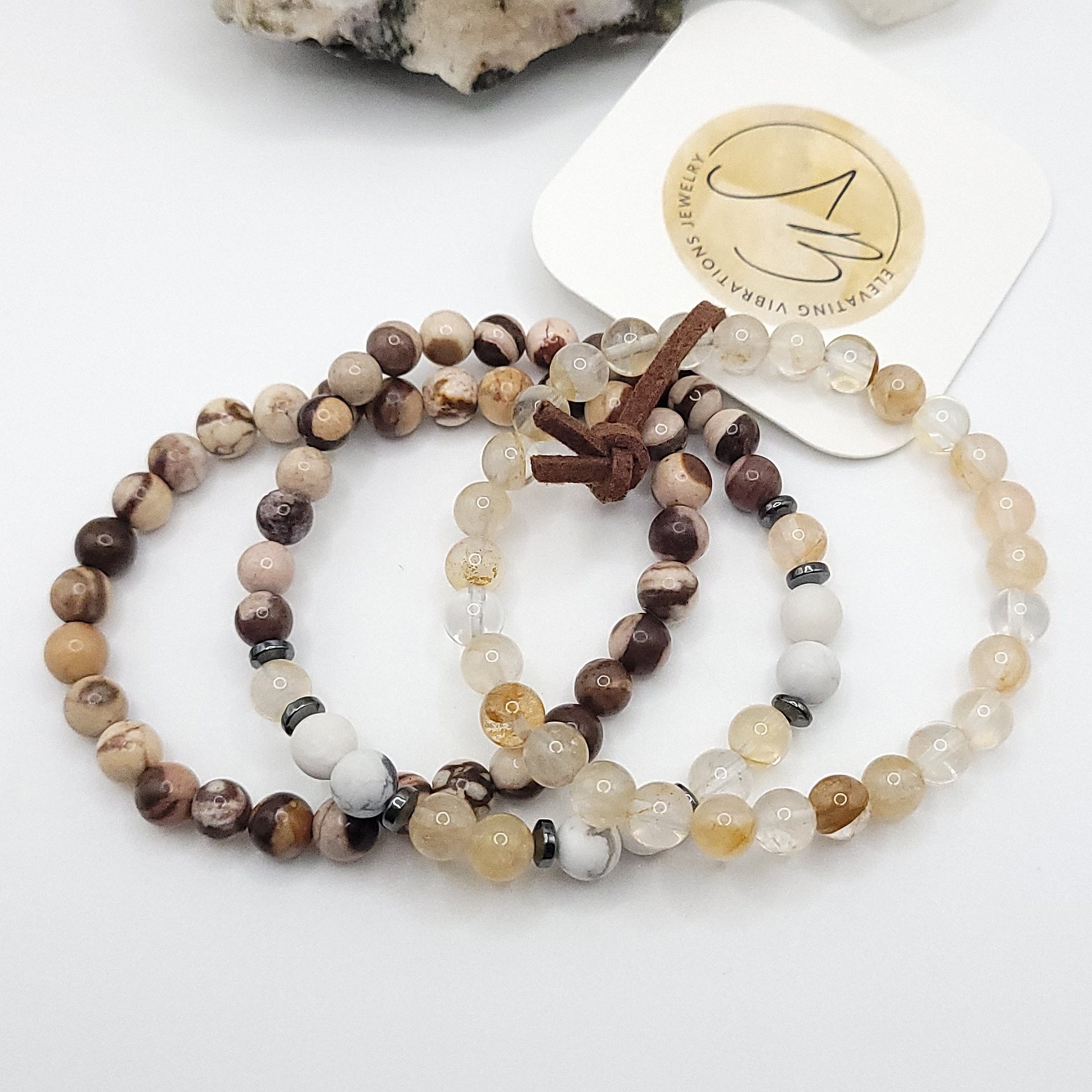 3 Bracelet Stack – Zebra Jasper, Golden Healer & Howlite