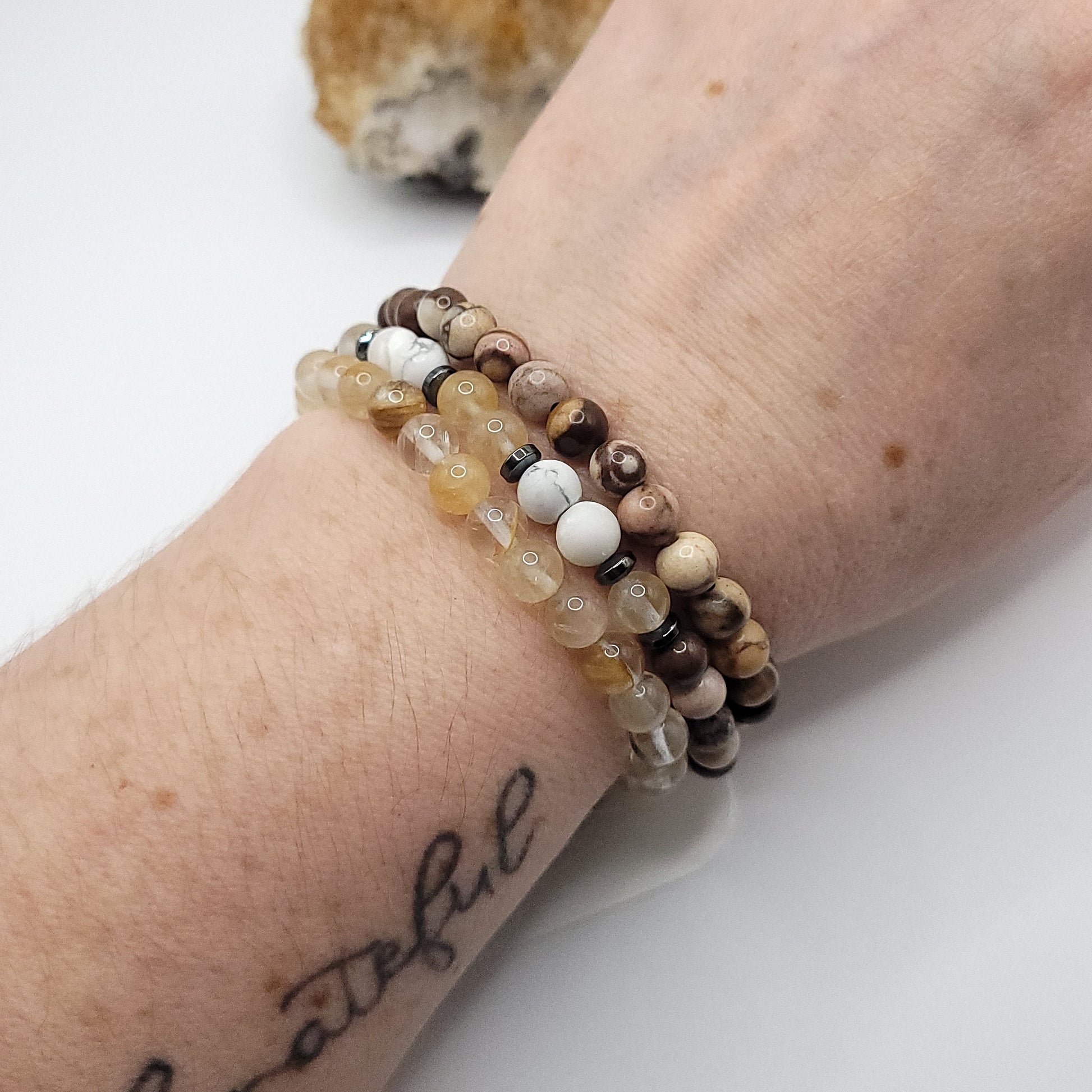  Bracelet Stack – Zebra Jasper, Golden Healer & Howlite on wrist