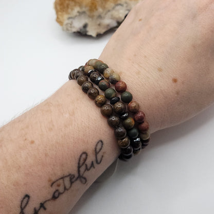 Bracelet Stack – Picasso Jasper & Bronzite, 3 bracelets on wrist