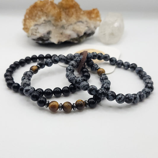 3 Bracelet Stack – Snowflake Obsidian, Tiger’s Eye & Obsidian