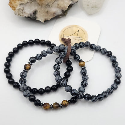 3 Bracelet Stack – Snowflake Obsidian, Tiger’s Eye & Obsidian