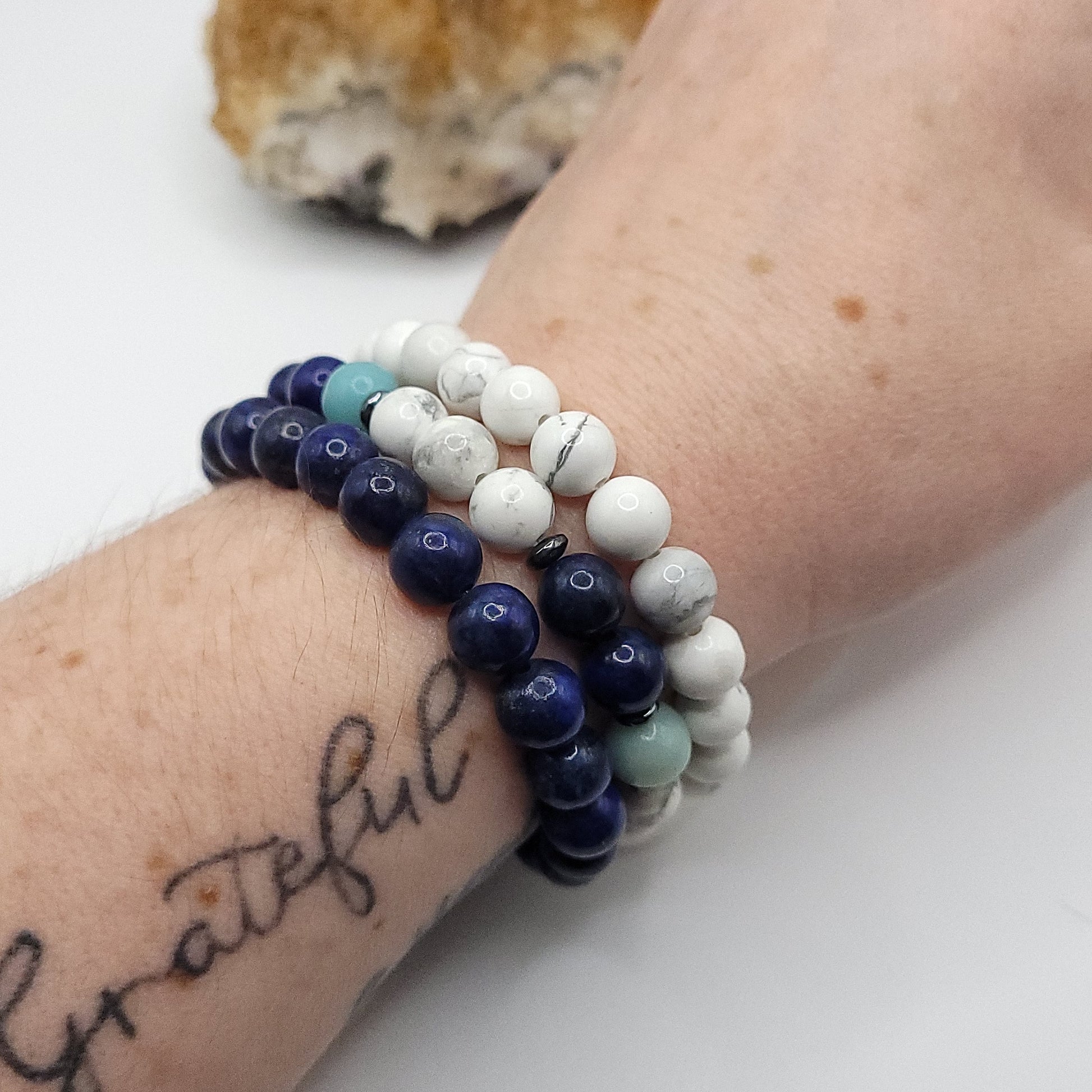 3 Bracelet Stack – Lapis, Howlite & Amazonite on wrist