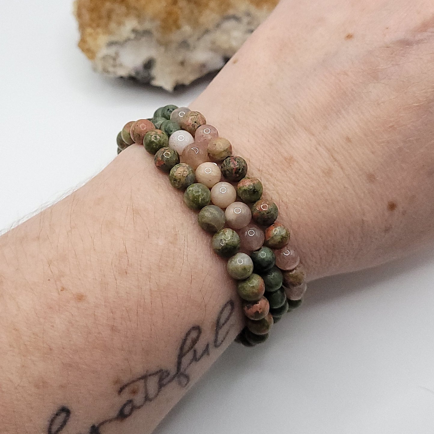 3 Bracelet Stack – Unakite, Serpentine & Sunstone on wrist