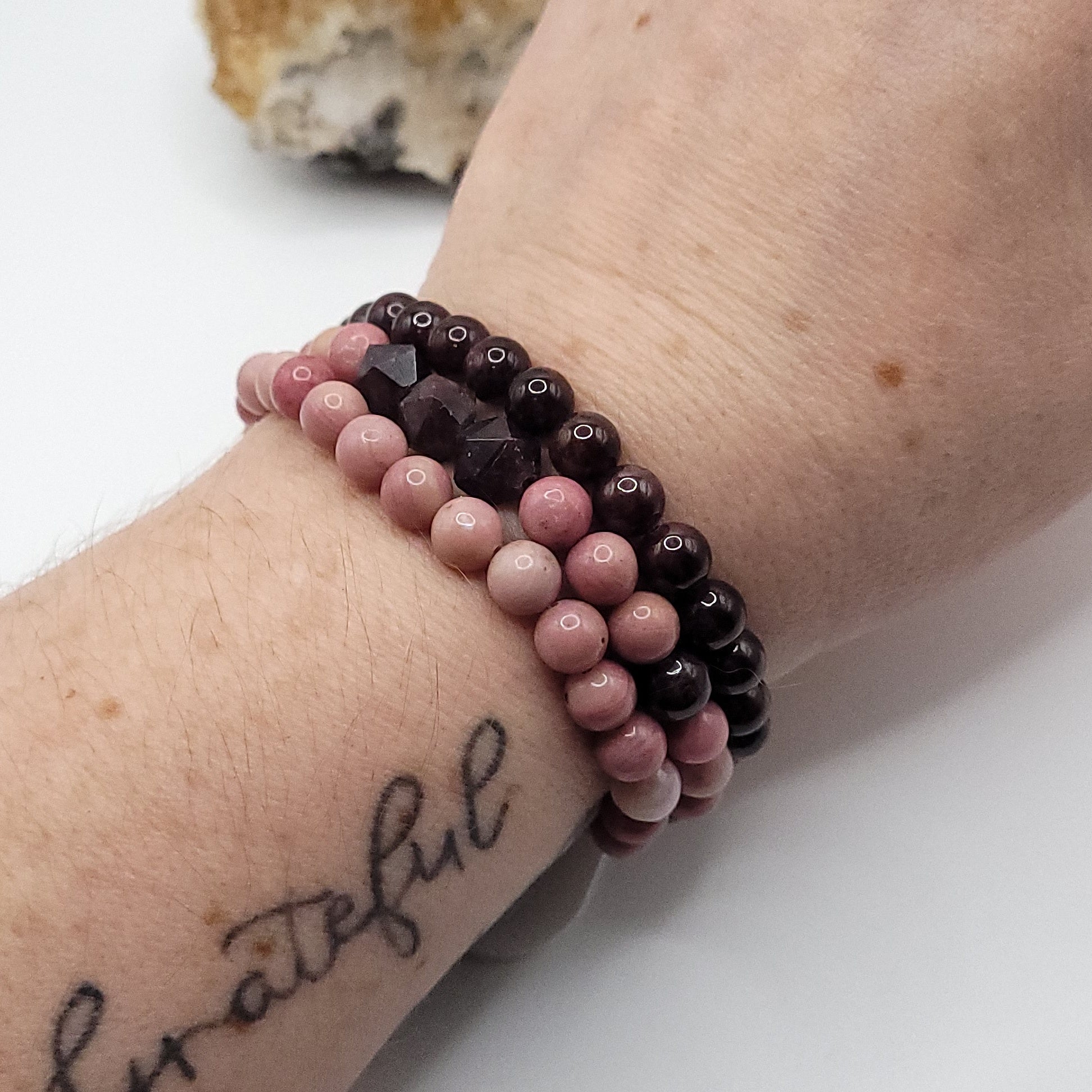 Bracelet Stack – Rhodonite & Garnet - 3 bracelets on wrist