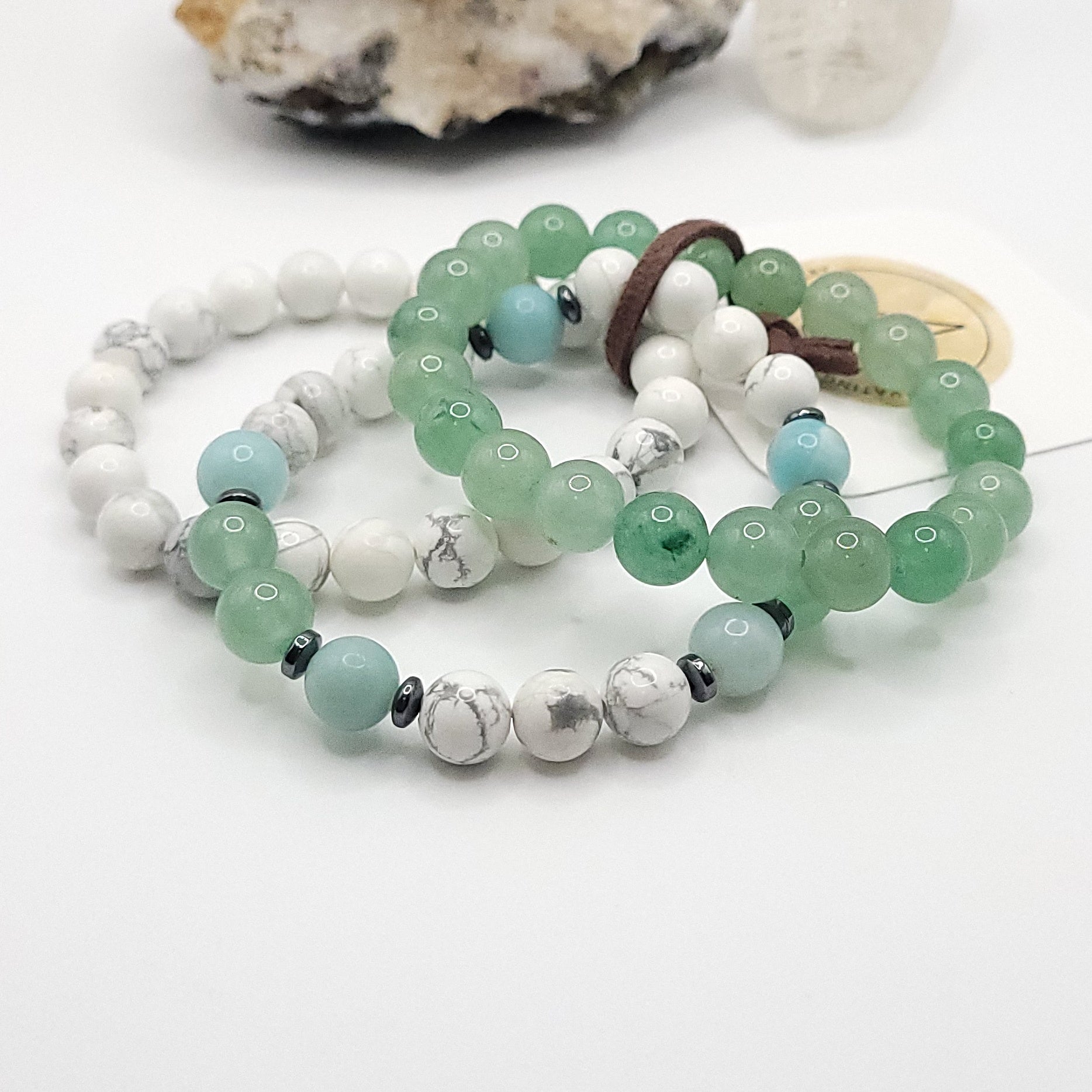 3 Bracelet Stack – Howlite, Green Aventurine & Amazonite