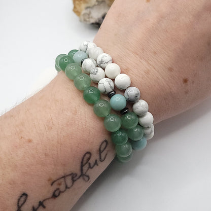 3 Bracelet Stack – Howlite, Green Aventurine & Amazonite on wrist