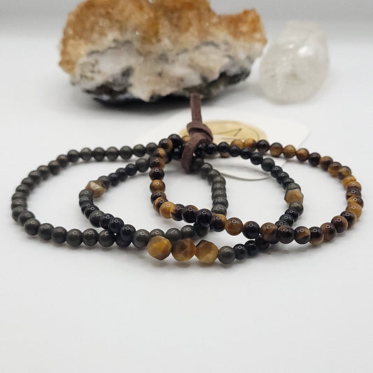 3 Bracelet Stack – Pyrite, Tiger’s Eye & Obsidian