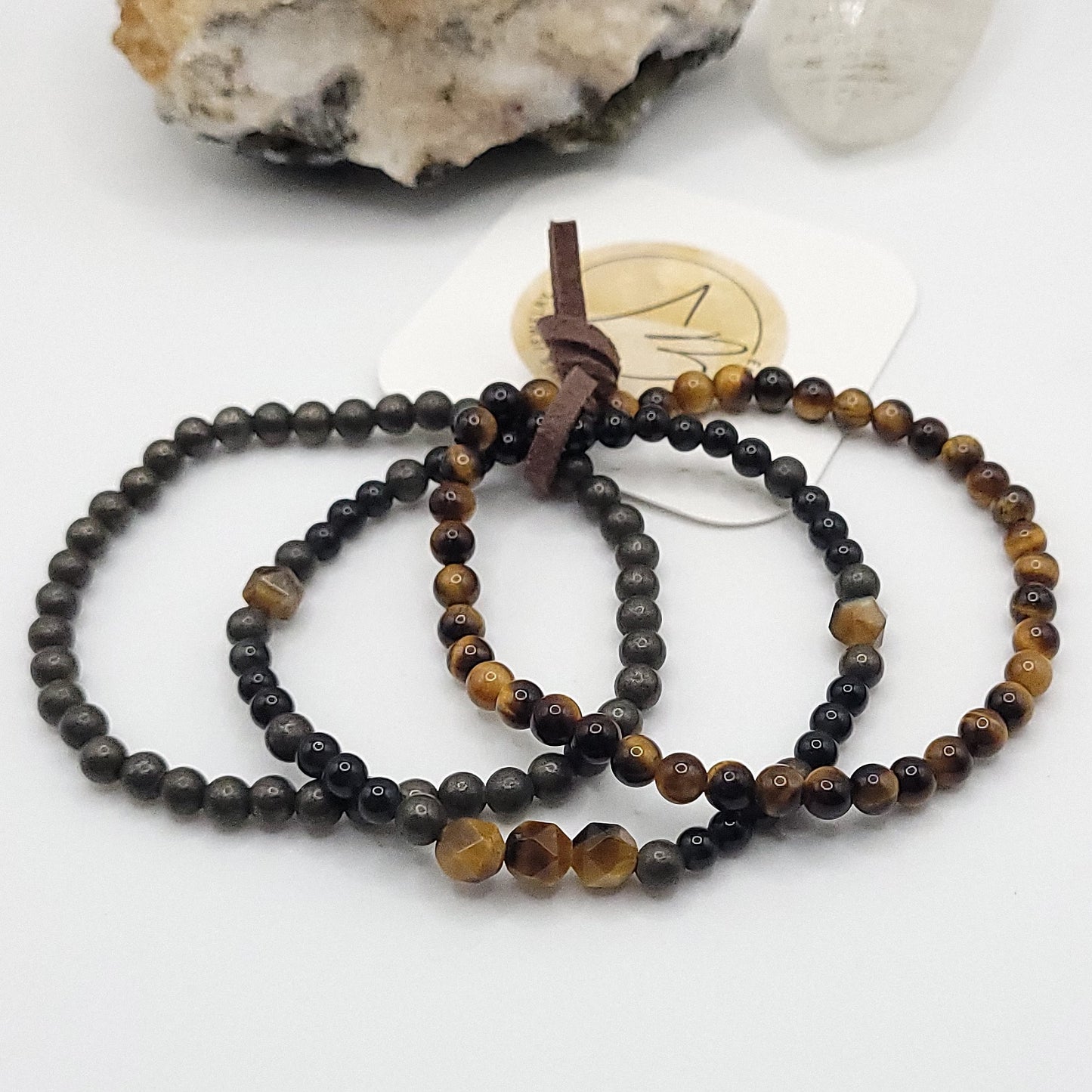3 Bracelet Stack – Pyrite, Tiger’s Eye & Obsidian, pyrite and tigers eye