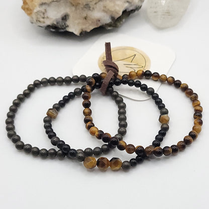 3 Bracelet Stack – Pyrite, Tiger’s Eye & Obsidian, pyrite and tigers eye