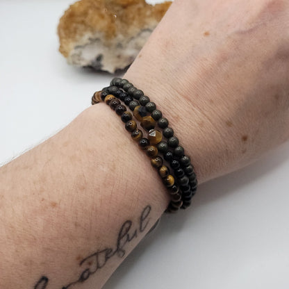 Bracelet Stack – Pyrite, Tiger’s Eye & Obsidian - stack of 3 on wrist