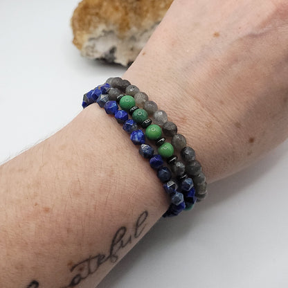 Bracelet Stack – Labradorite, Lapis & Chrysoprase - 3 bracelets on wrist