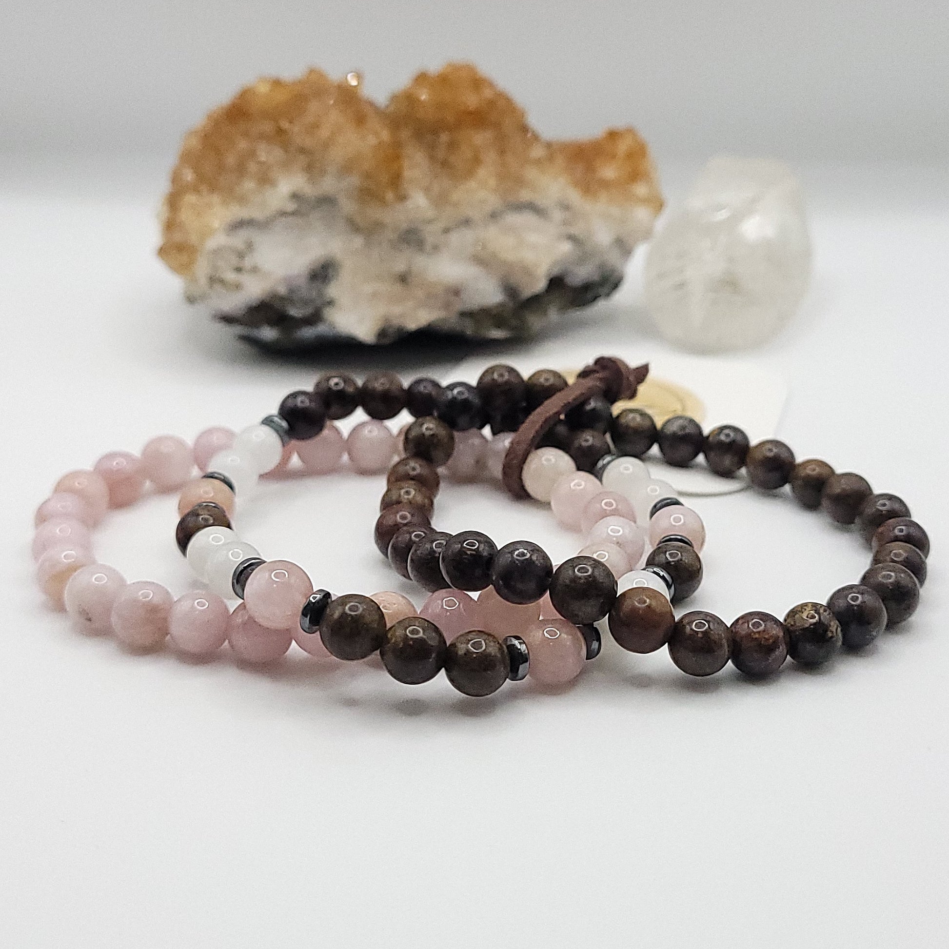 kunzite, bronzite, moonstone 3 bracelet stack