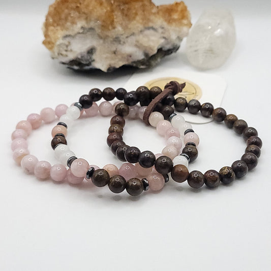 kunzite, bronzite, moonstone 3 bracelet stack