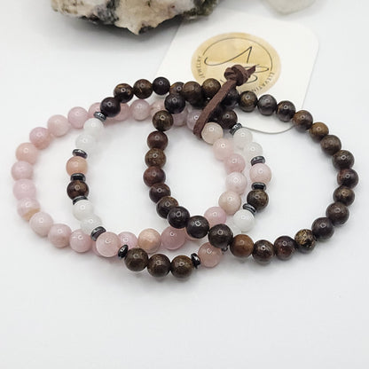 kunzite, bronzite, moonstone 3 bracelet stack