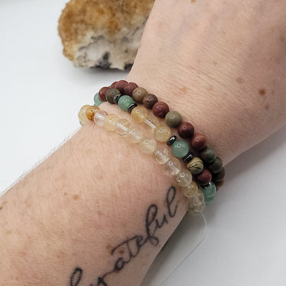 Bracelet Stack – Picasso Jasper, Golden Healer & Aventurine , 3 bracelets on wrist