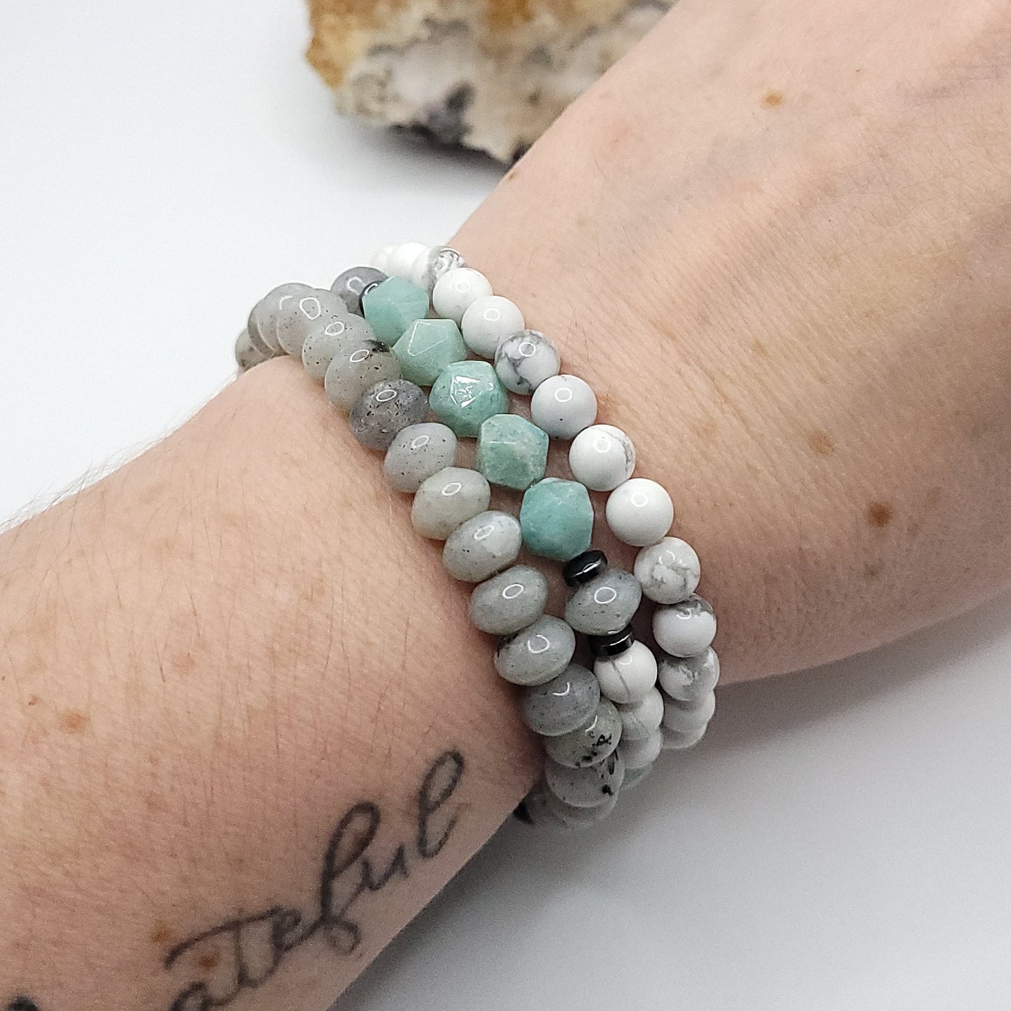 Bracelet Stack – Labradorite, Amazonite & Howlite on wrist