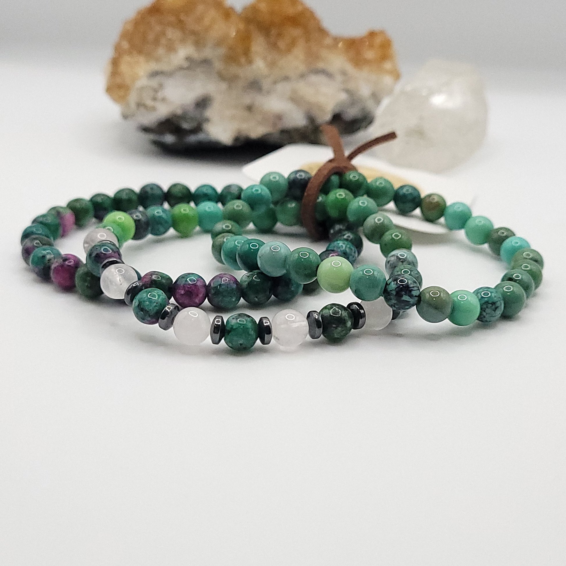 Bracelet Stack – Ruby Zoisite, Chrysoprase & Rose Quartz