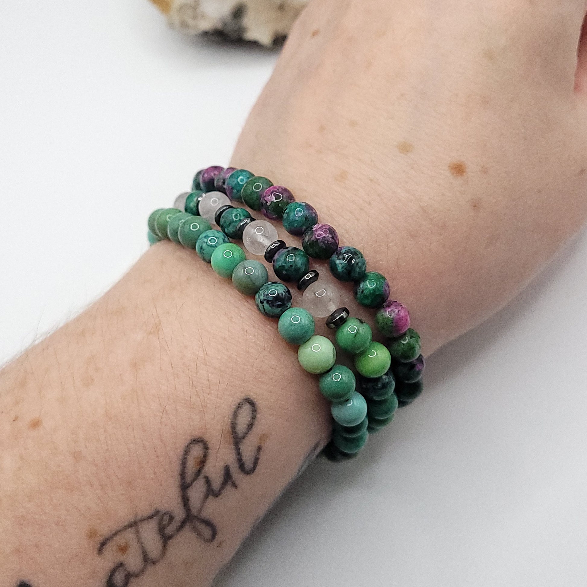 Bracelet Stack – Ruby Zoisite, Chrysoprase & Rose Quartz on wrist