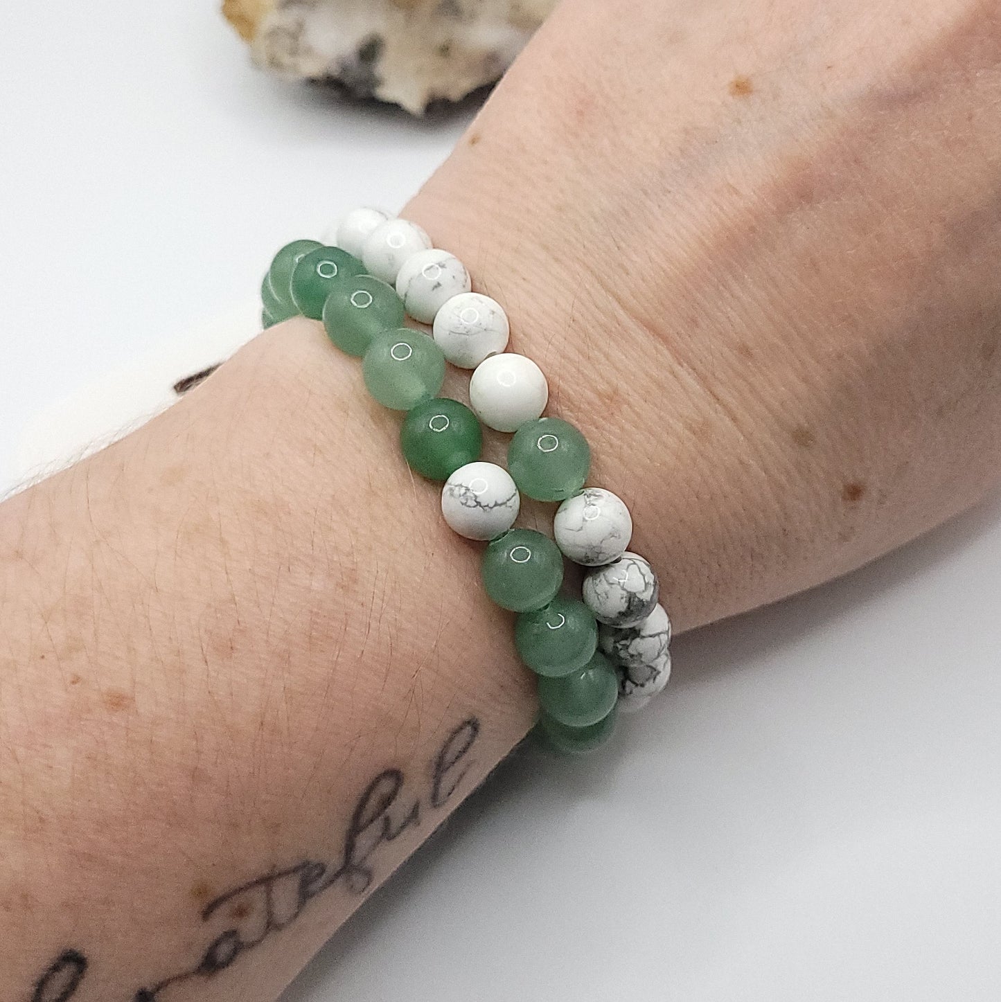 Howlite & Green Aventurine best friend bracelet set on wrist