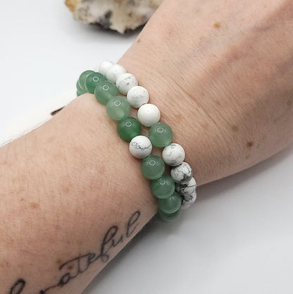 Howlite & Green Aventurine best friend bracelet set on wrist