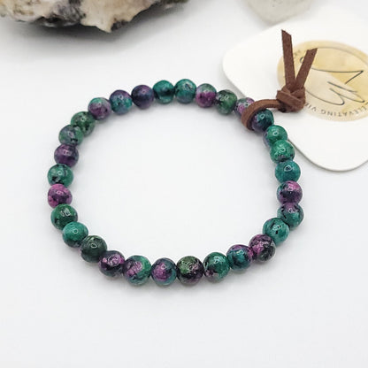 ruby zoisite bracelet, 7" beaded stretch bracelet on white background