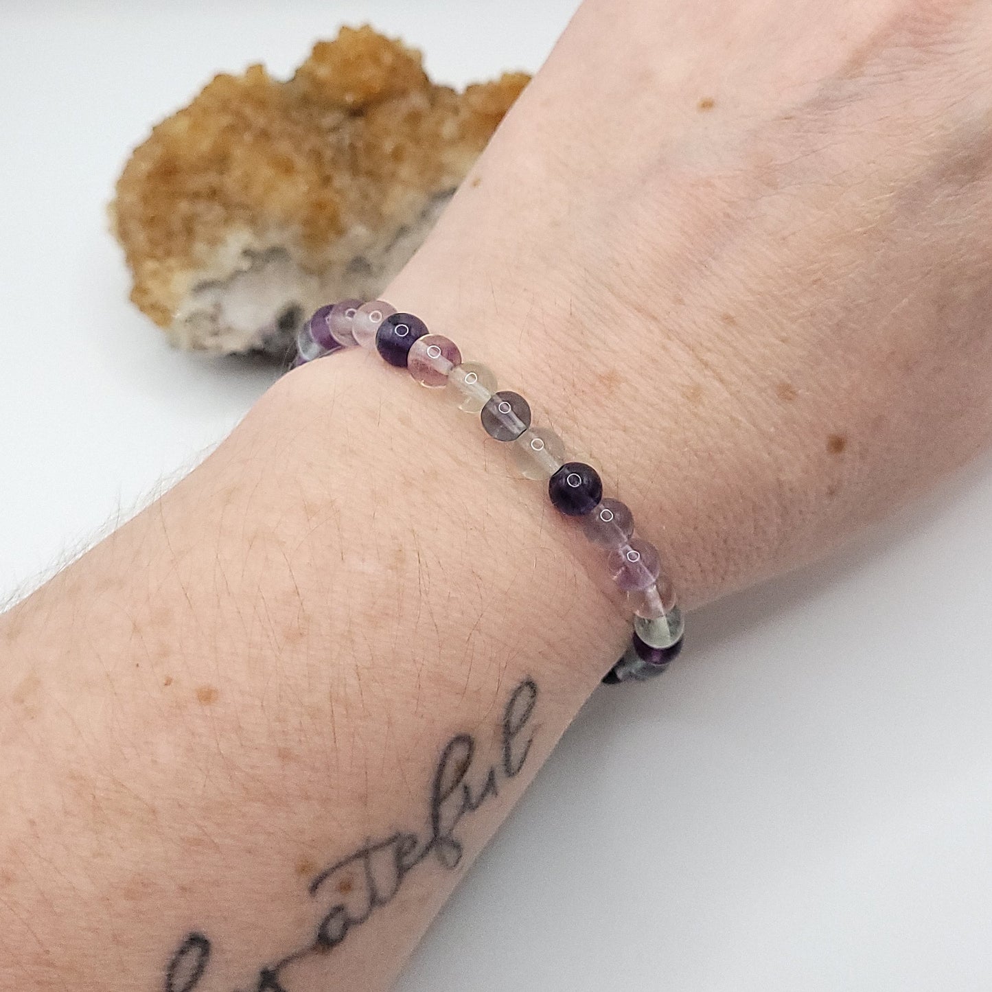 rainbow fluorite bracelet, 7" beaded stretch bracelet on wrist