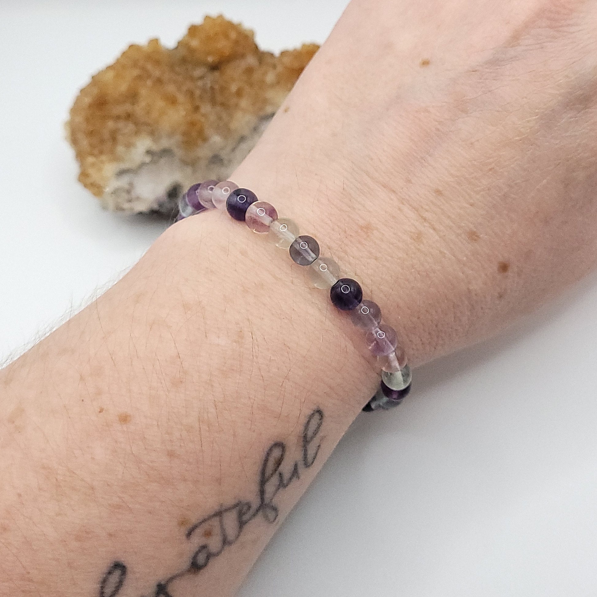 rainbow fluorite bracelet, 7" beaded stretch bracelet on wrist