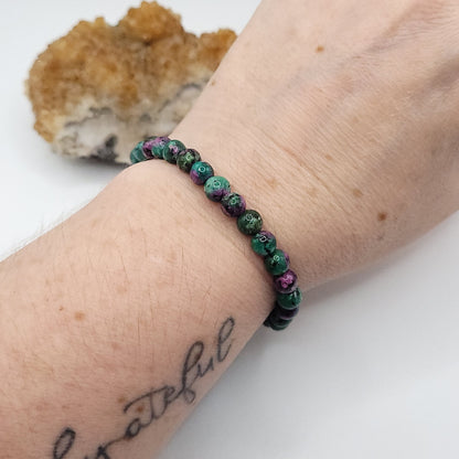 ruby zoisite bracelet, 7" beaded stretch bracelet on wrist