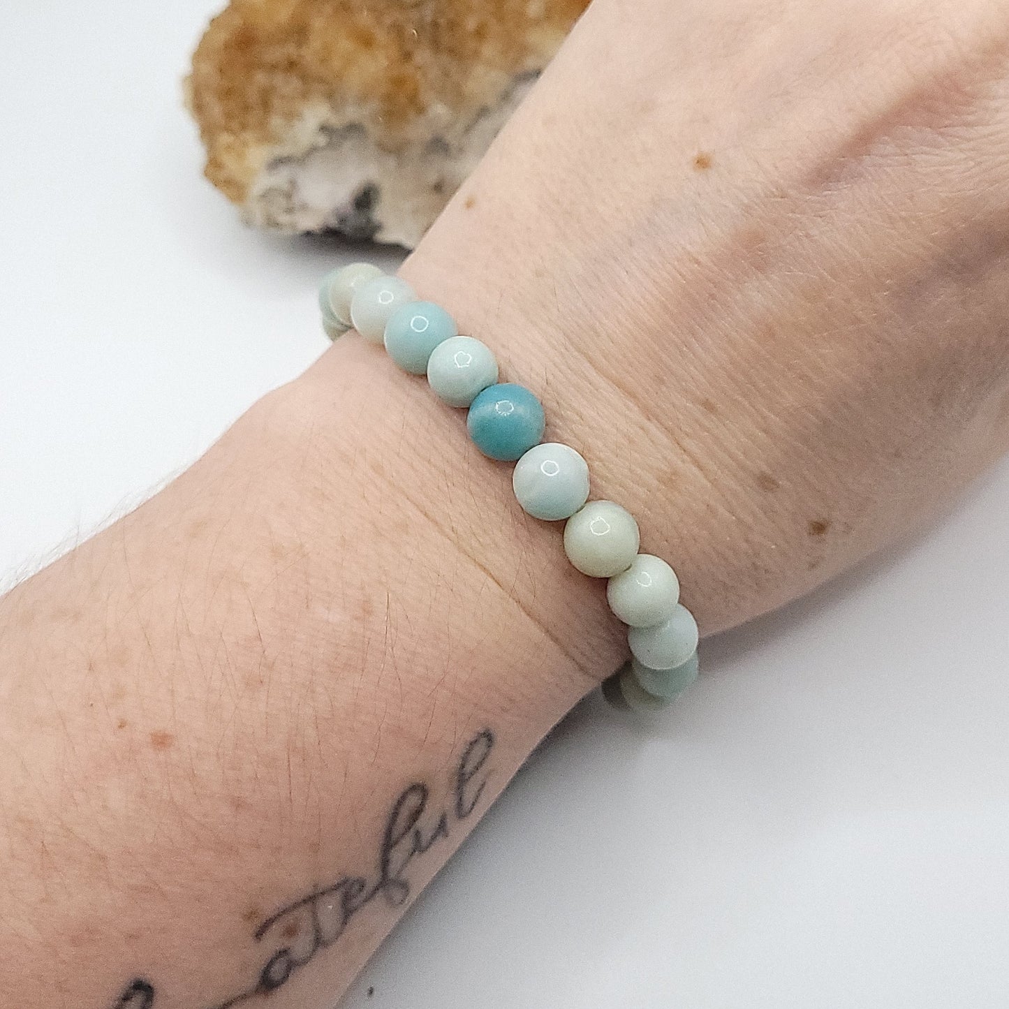 amazonite bracelet, 7" beaded stretch bracelet on wrist